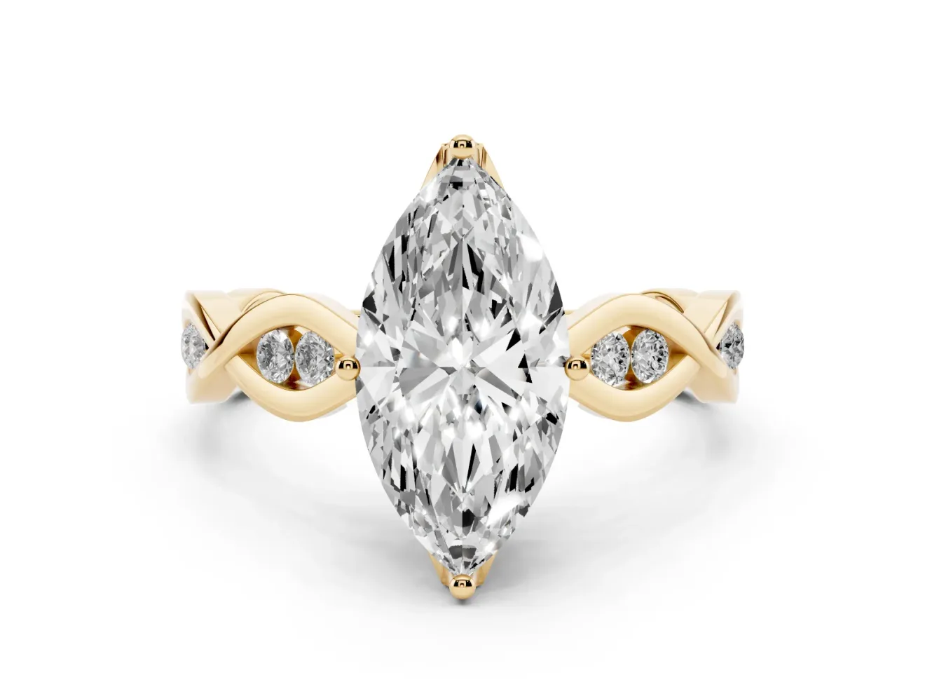 Marquise Cut Diamond Twist Band Solitaire Ring Set in Yellow gold with Leaf Prong Setting and Accent Stones