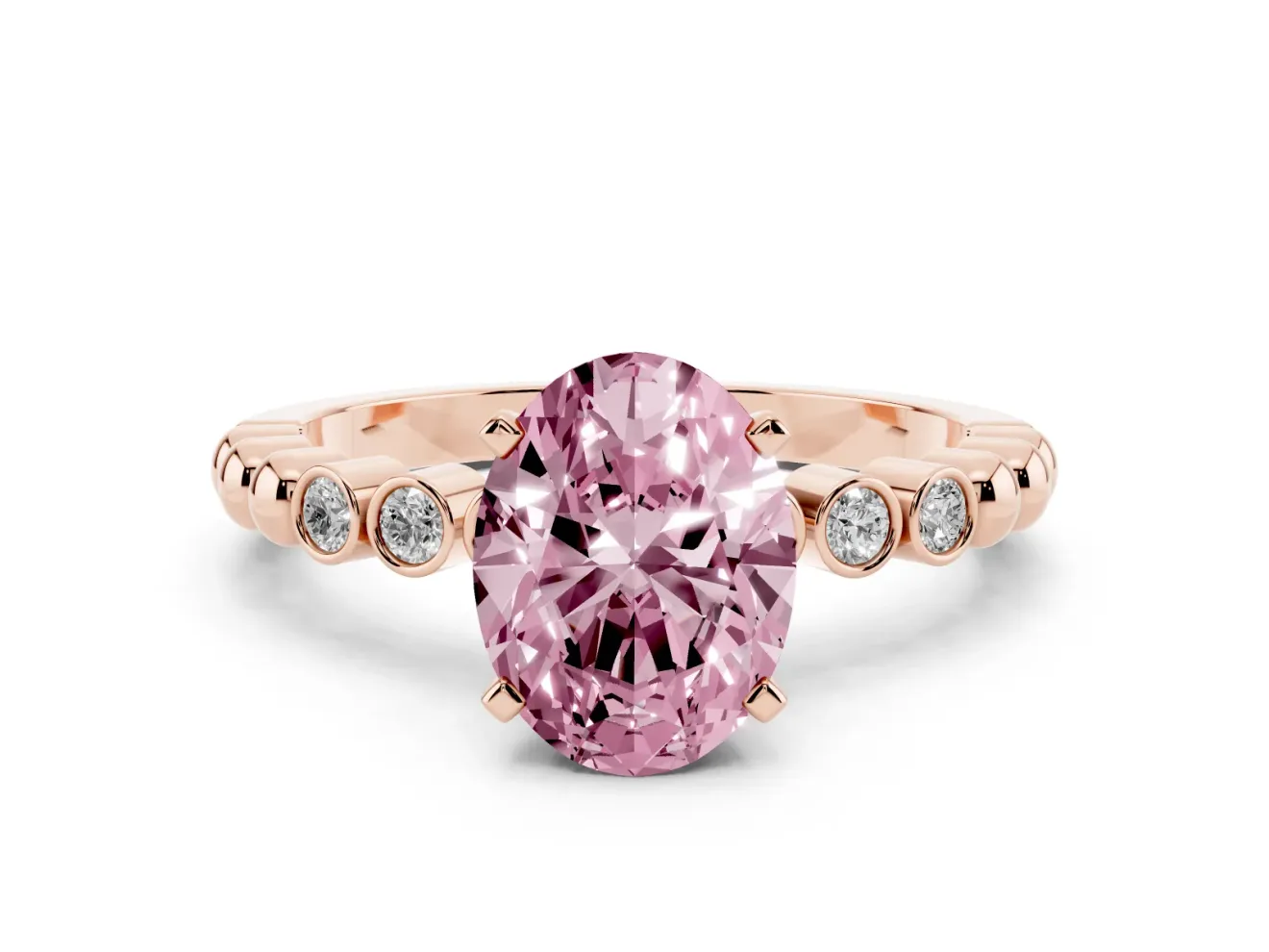 Fancy Pink Oval Cut Diamond Solitaire Engagement Ring Set in Rose gold with Bezel Accents on Beaded Band