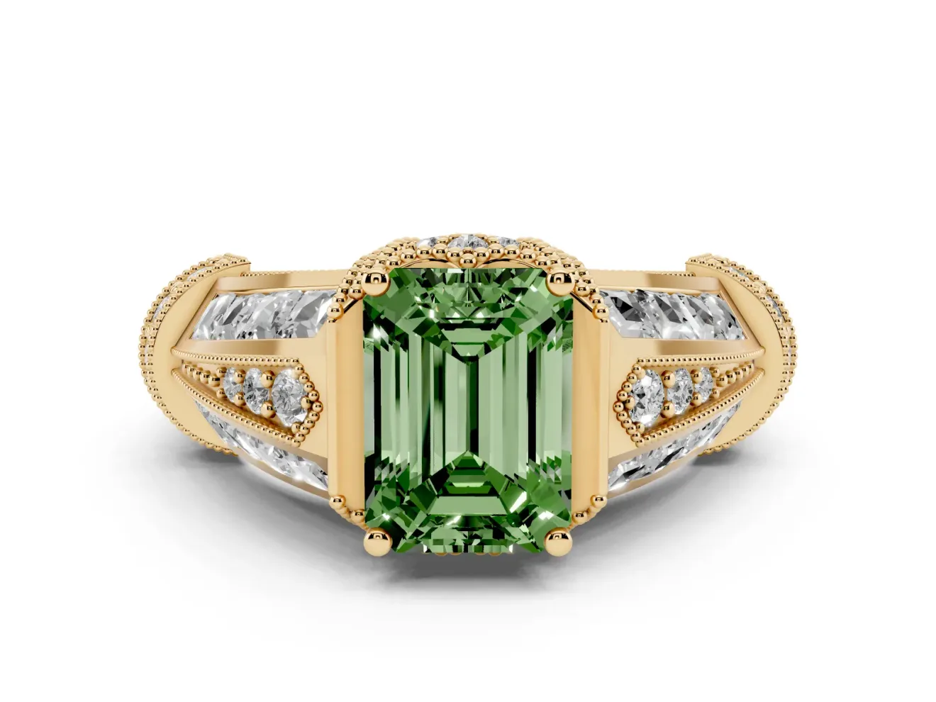 Fancy Green Emerald Cut Diamond Vintage-Inspired Milgrain Ring Set in Yellow gold with Accent Split Shank