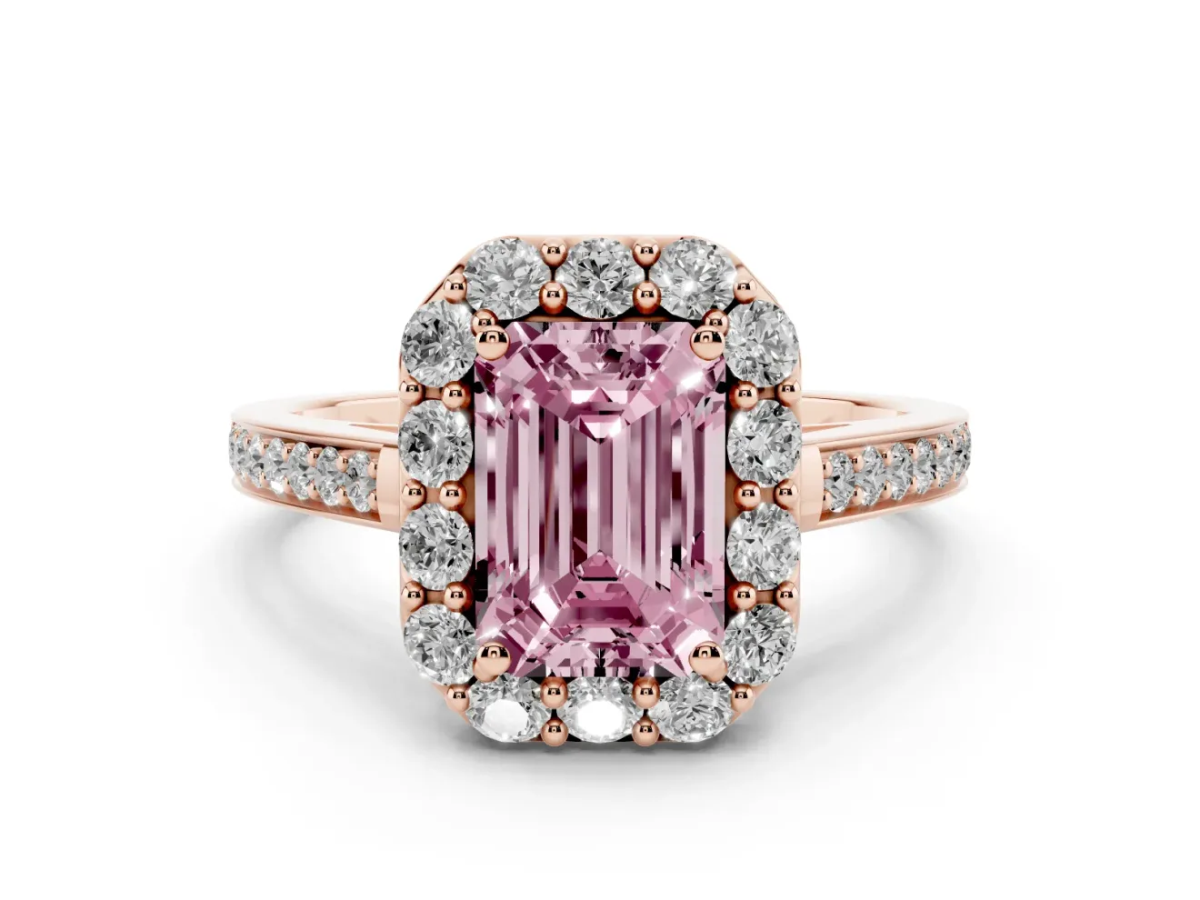 Emerald Cut Floral Halo Engagement Ring Setting for a Fancy Pink Lab-Grown Diamond | Large Round Accents | Rose Gold