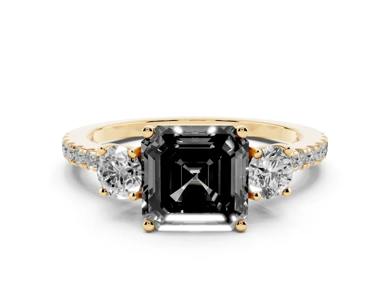 Asscher Cut Three Stone Engagement Ring Setting for a Black Center | Pavé Shoulders | Yellow Gold