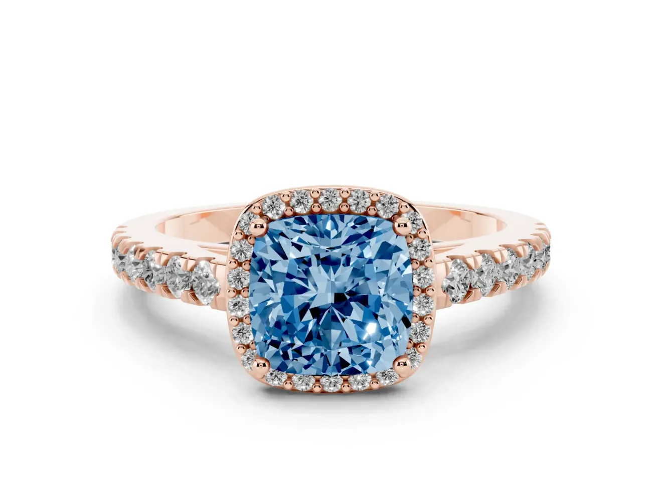 Cushion Cut Halo Pavé Engagement Ring Setting for a Fancy Blue Lab-Grown Diamond | Rose Gold