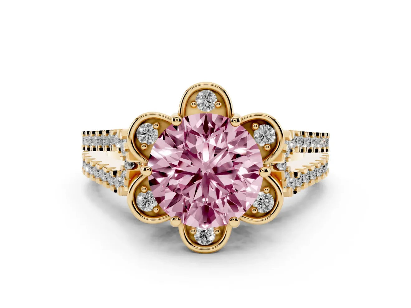 Round Floral Halo Engagement Ring Setting for a Fancy Pink Lab-Grown Diamond | Pavé Split Shank | Yellow Gold
