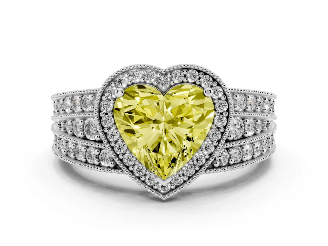 Fancy Yellow Heart Cut Diamond Halo Ring Set in Platinum with Accent Split Shank and Prong Setting