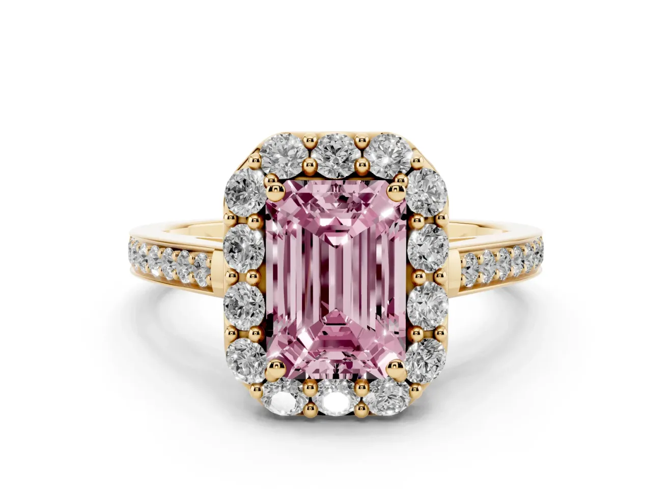 Emerald Cut Floral Halo Engagement Ring Setting for a Fancy Pink Lab-Grown Diamond | Large Round Accents | Yellow Gold