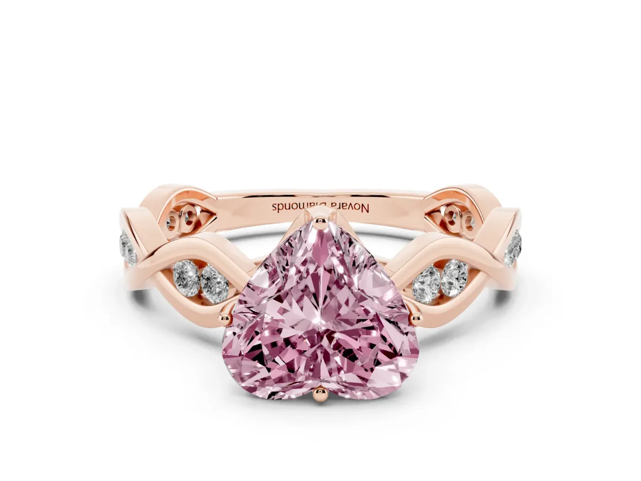 Fancy Pink Heart Cut Diamond Twist Band Solitaire Ring Set in Rose gold with Leaf Prong Setting and Accent Stones