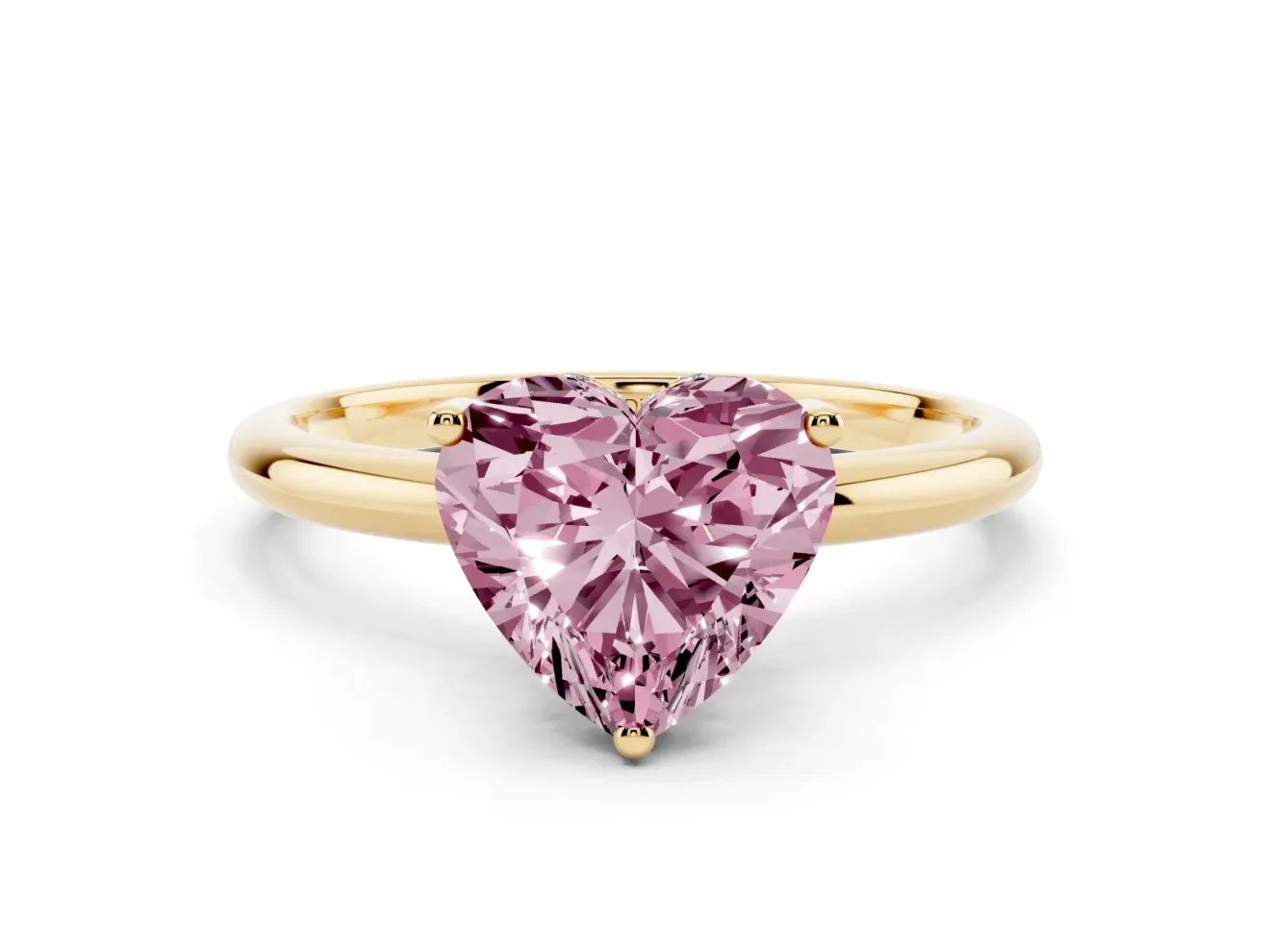 Fancy Pink Heart Cut Diamond Solitaire Engagement Ring Set in Yellow gold with Prong Setting and Polished Band