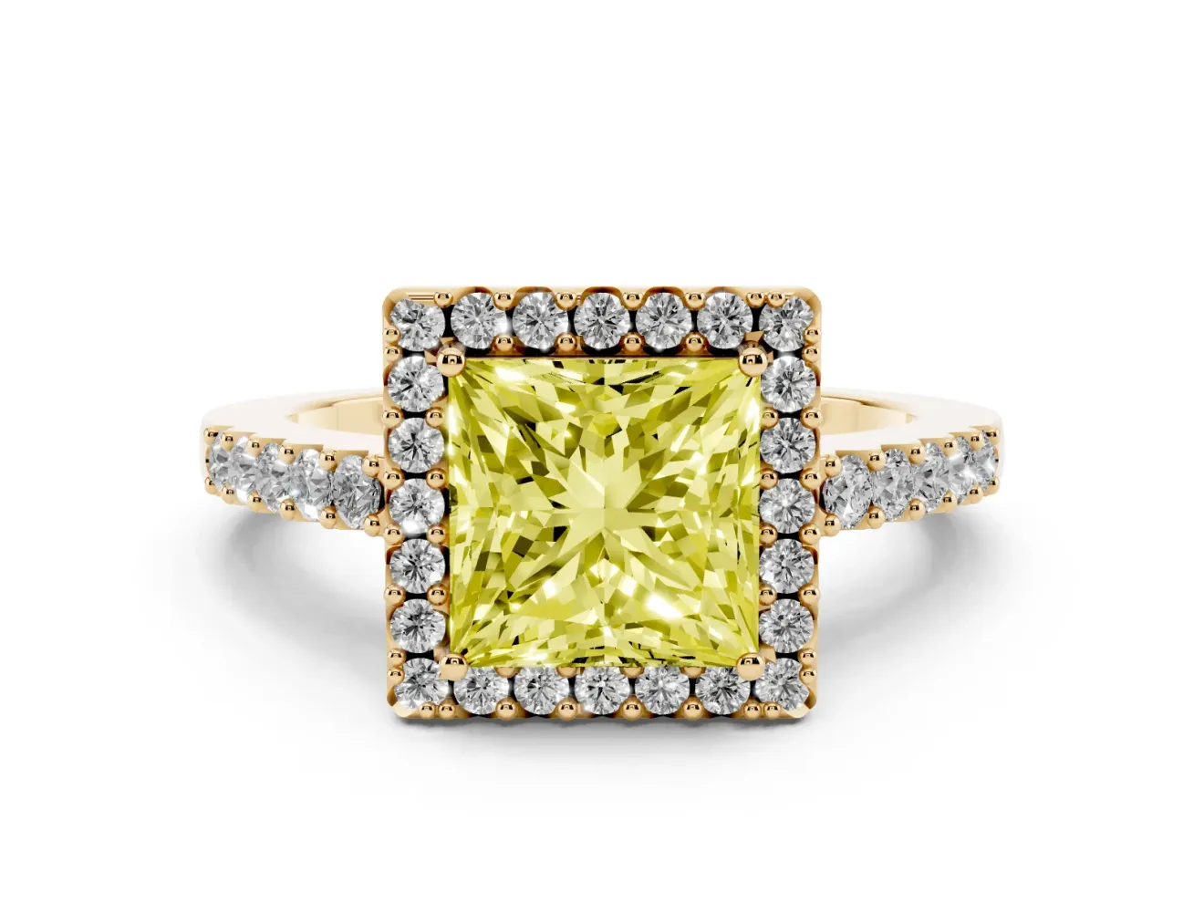 Fancy Yellow Princess Cut Diamond Halo Pavé Solitaire Ring Set in Yellow gold with Prong-Set Center Stone