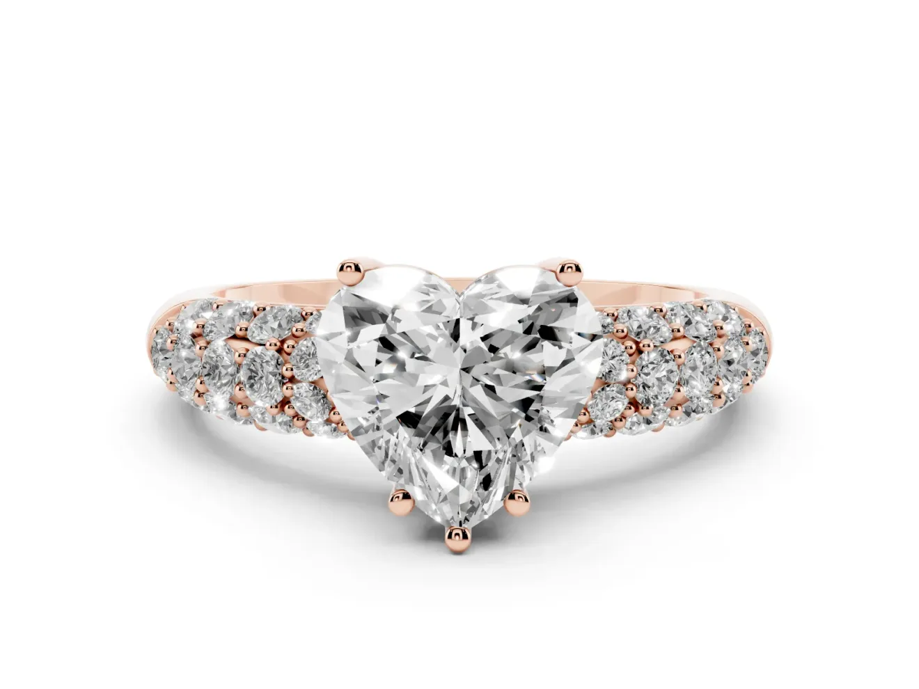 Heart-Shaped Multi Row Pave Solitaire Engagement Ring Setting | Domed Shoulders | Rose Gold