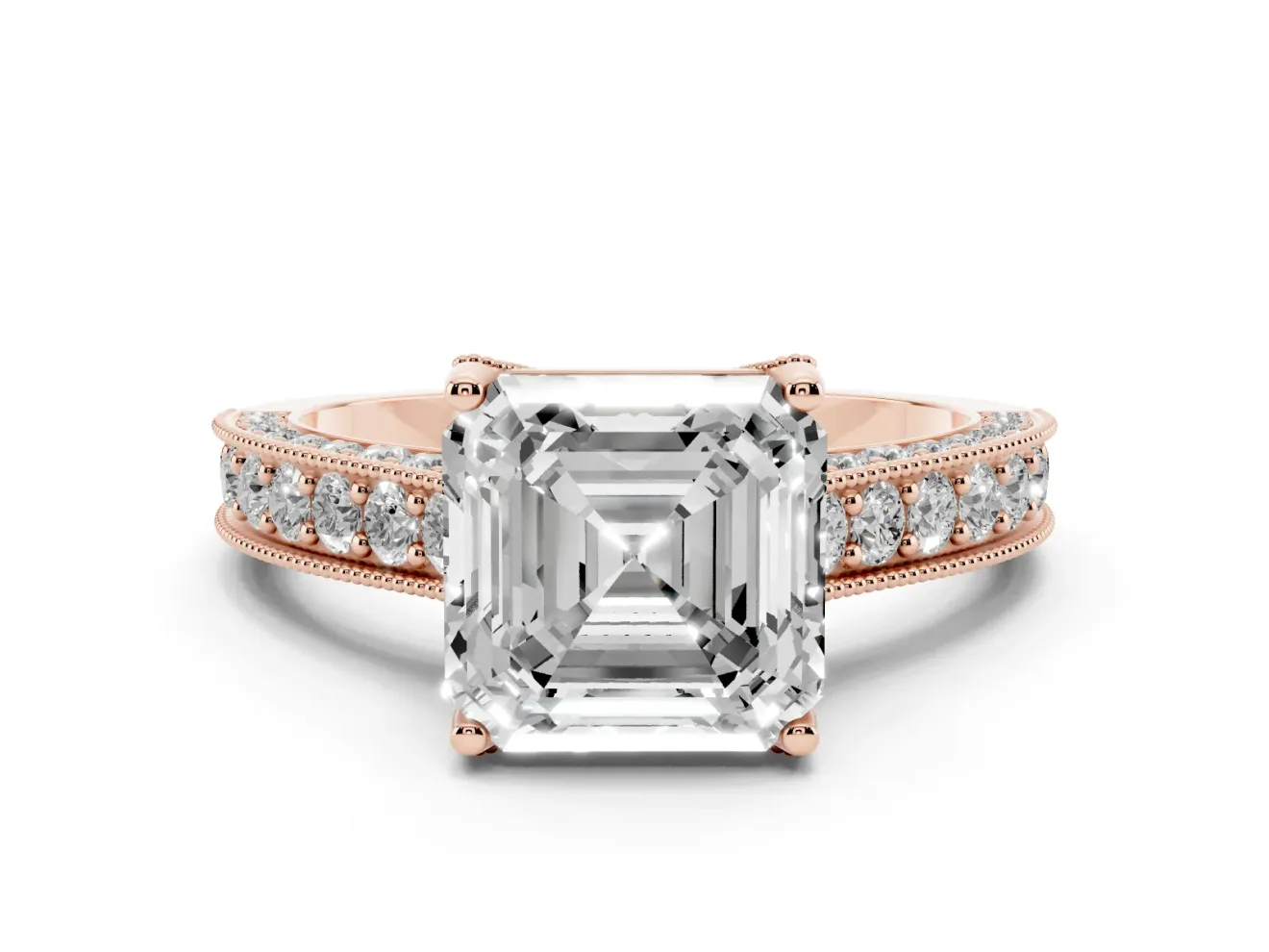 Asscher Cut Vintage Hidden Halo Engagement Ring Setting | Milgrain Pave Band | Rose Gold