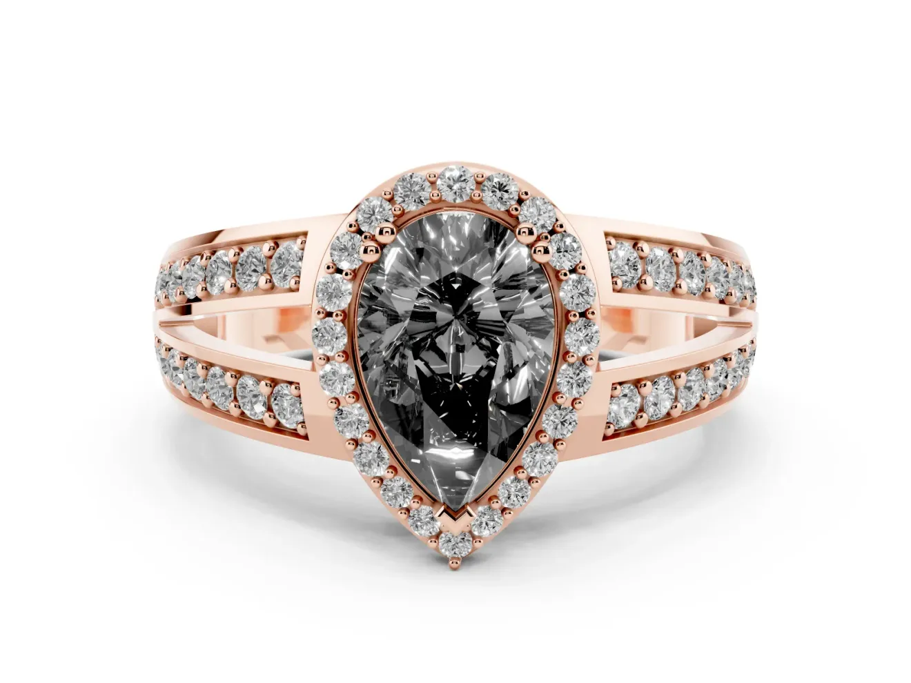 Pear-Shaped Halo Engagement Ring Setting for a Black Center | Two-Row Pavé Split Shank | Rose Gold