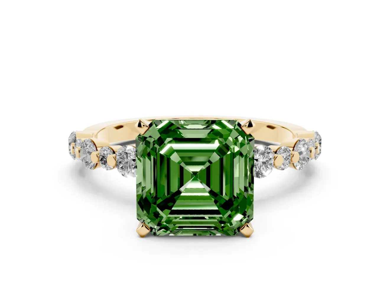 Fancy Green Asscher Cut Diamond Prong Set Engagement Ring Set in Yellow gold with Round Accent Pavé Band