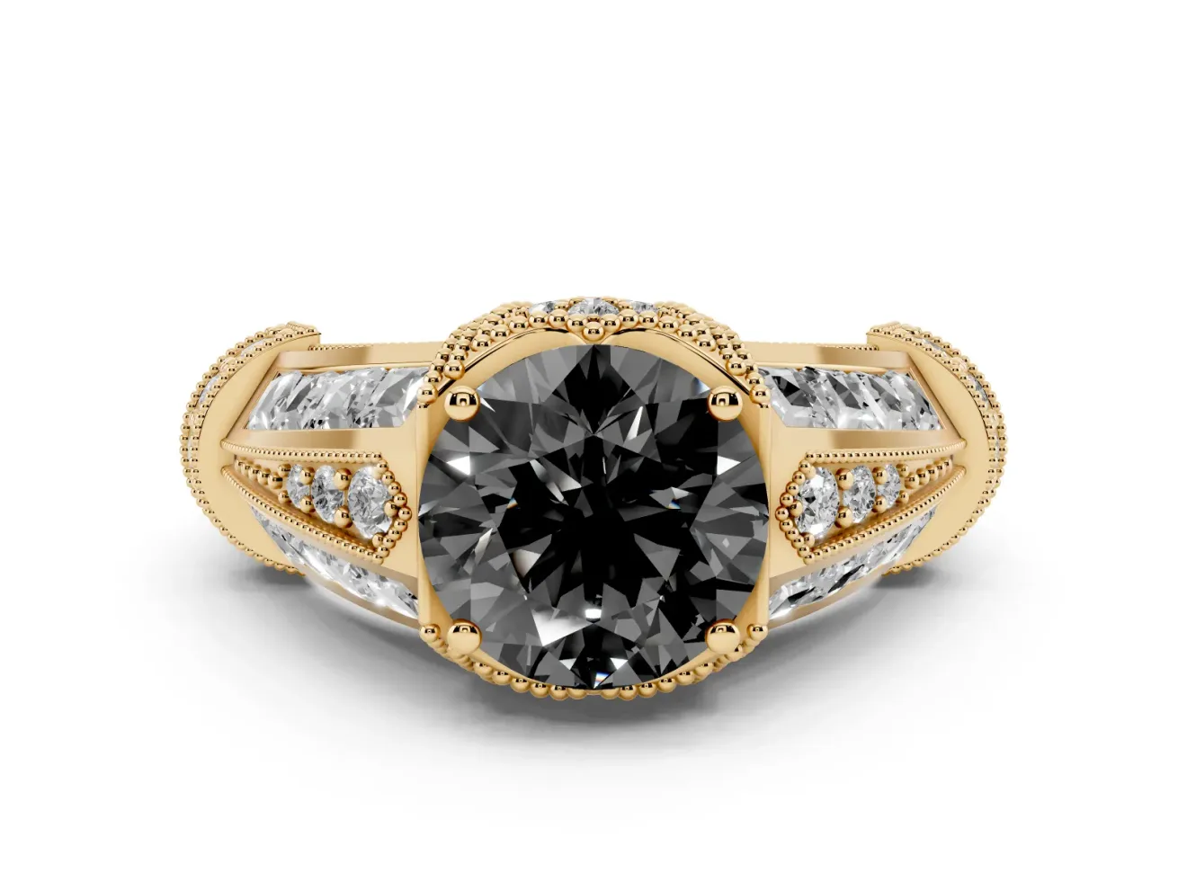 Fancy Black Round Cut Diamond Vintage-Inspired Milgrain Ring Set in Yellow gold with Accent Split Shank