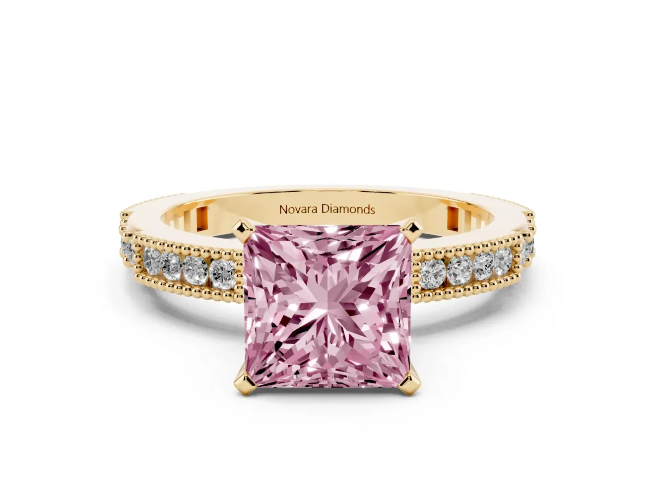 Princess Cut Vintage Pavé Engagement Ring Setting for a Fancy Pink Lab-Grown Diamond | Yellow Gold