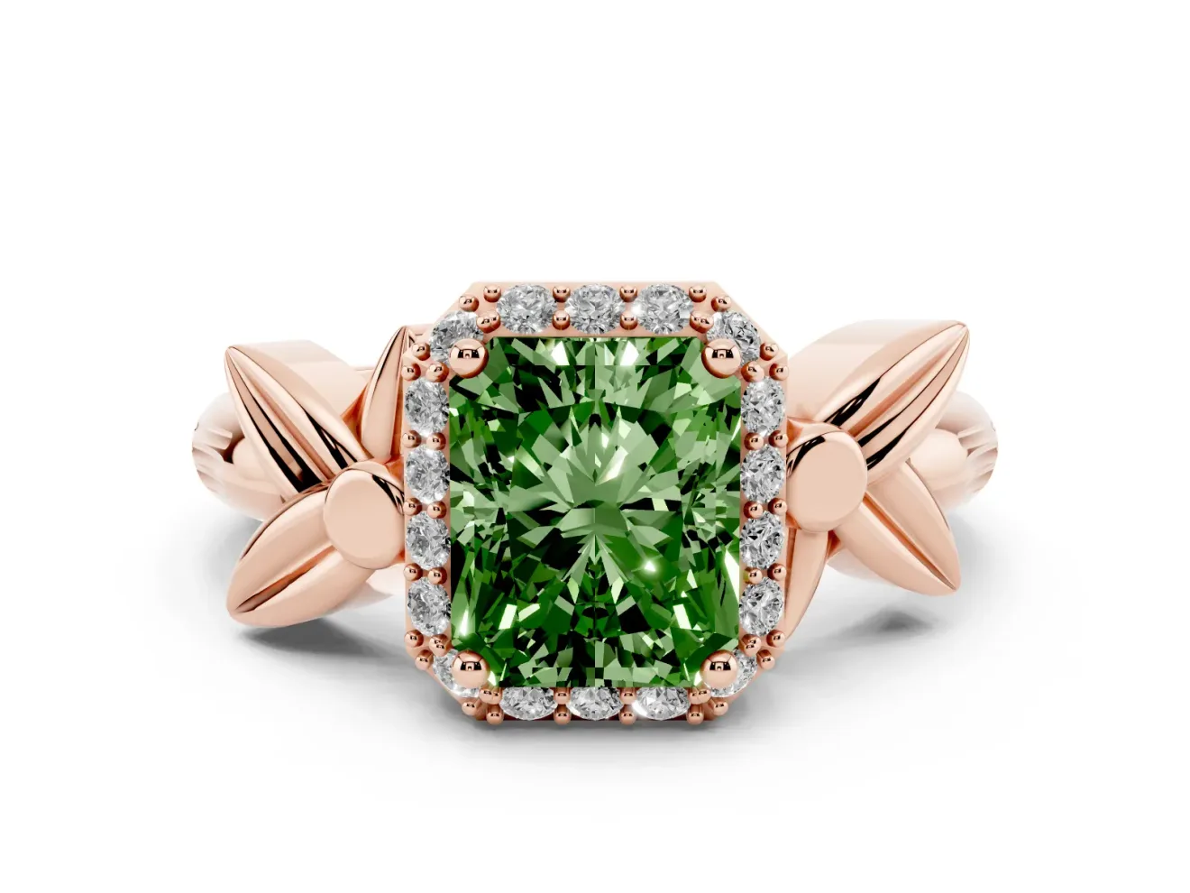 Radiant Cut Floral Halo Engagement Ring Setting for a Fancy Green Lab-Grown Diamond | Rose Gold