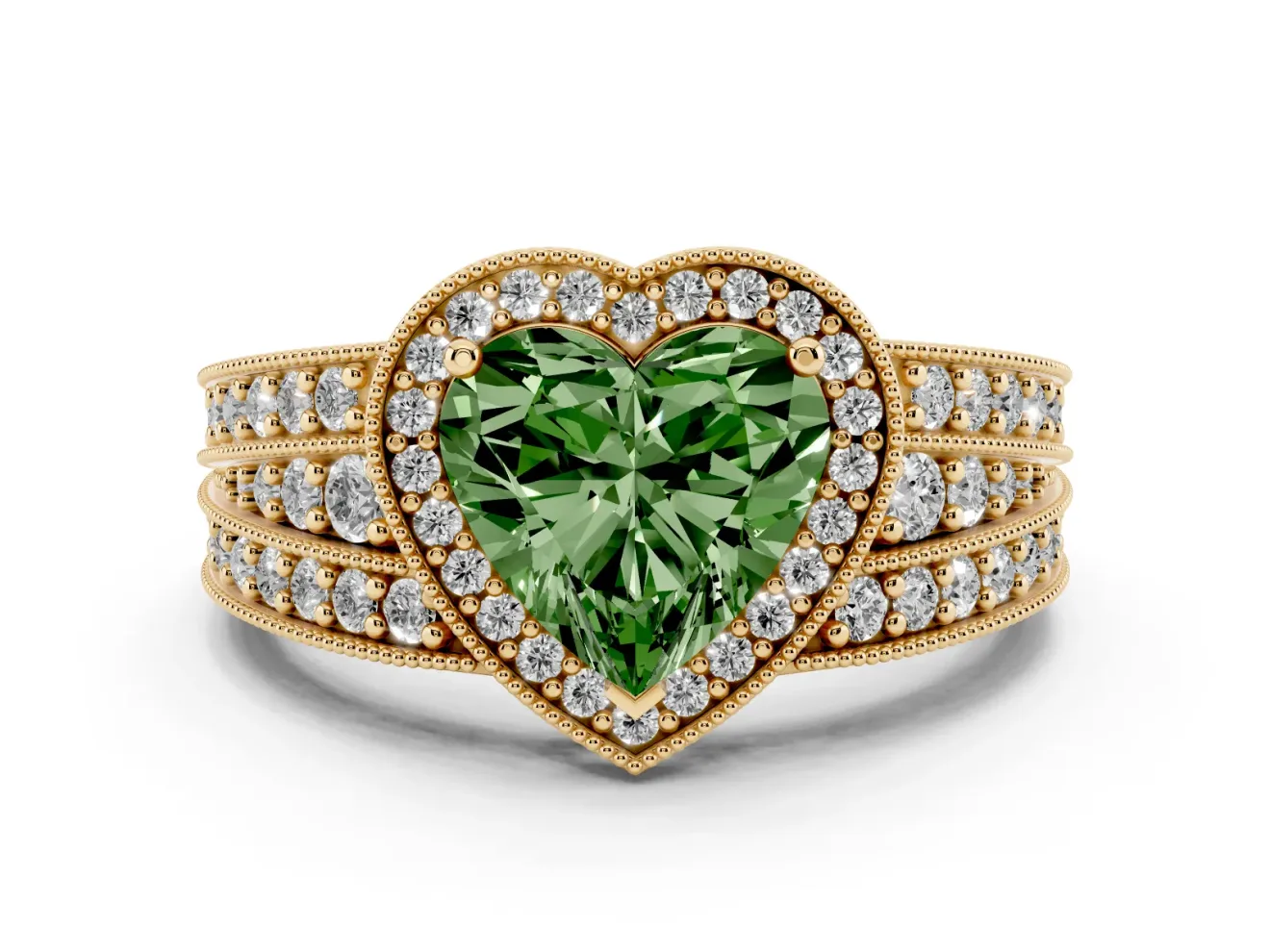 Fancy Green Heart Cut Diamond Halo Ring Set in Yellow gold with Accent Split Shank and Prong Setting