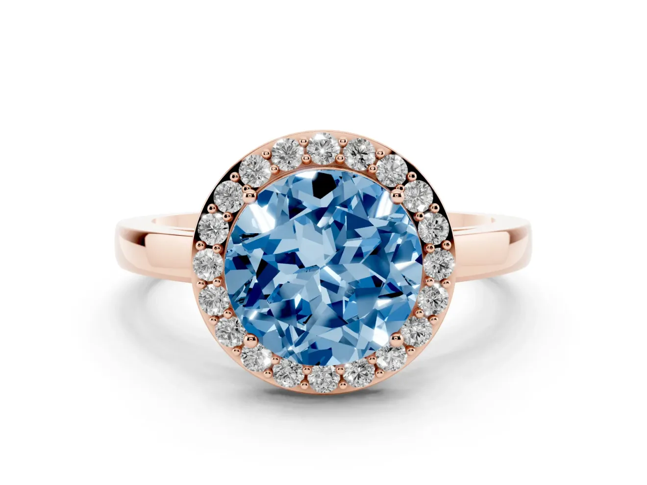 Fancy Blue Round Cut Diamond Halo Ring Set in Rose gold with Solitaire Band and Prong Setting