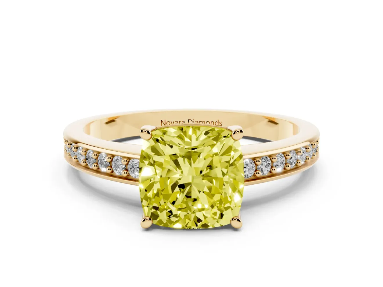 Cushion Cut Pave Solitaire Engagement Ring Setting for a Fancy Yellow Lab-Grown Diamond | Accented Basket | Yellow Gold