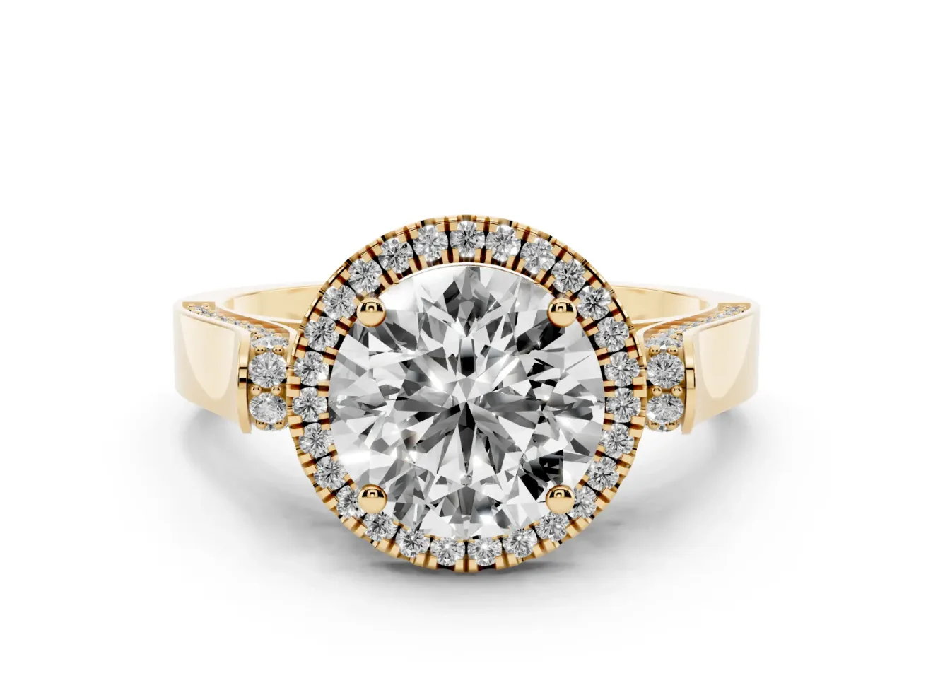 Round Halo Engagement Ring Setting | Pavé Panel Shoulders | Yellow Gold