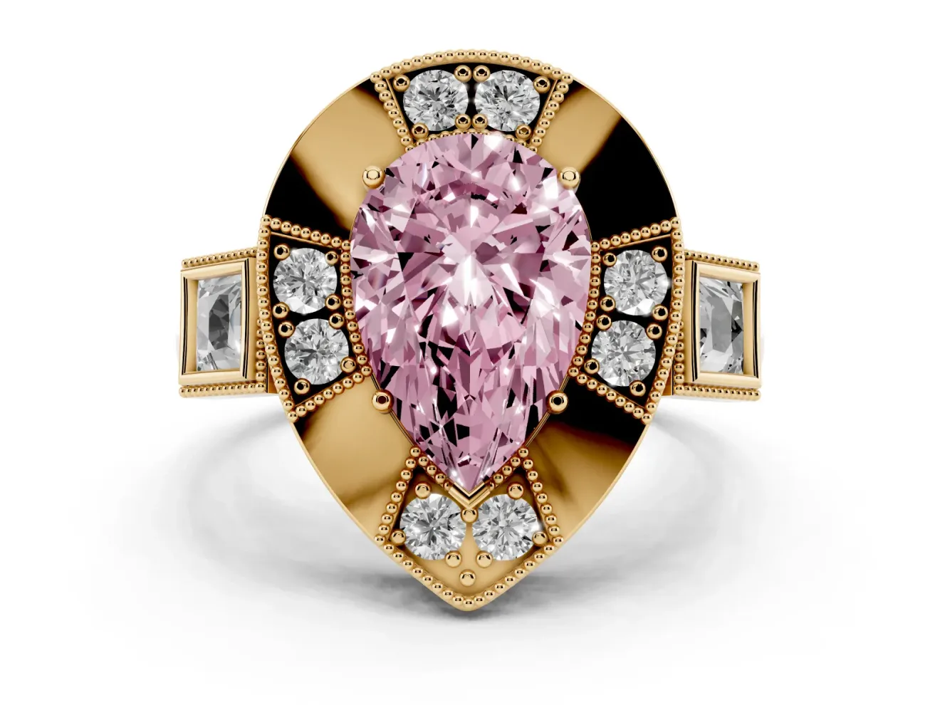 Pear-Shaped Milgrain Sectioned Halo Engagement Ring Setting for a Fancy Pink Lab-Grown Diamond | Yellow Gold