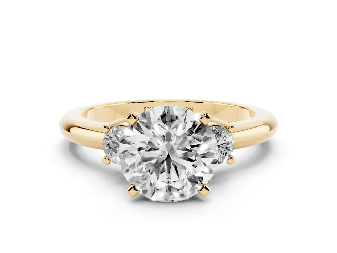 Three-Stone Round Cut Diamond Ring Set in Yellow gold with Prong Setting and Plain Band