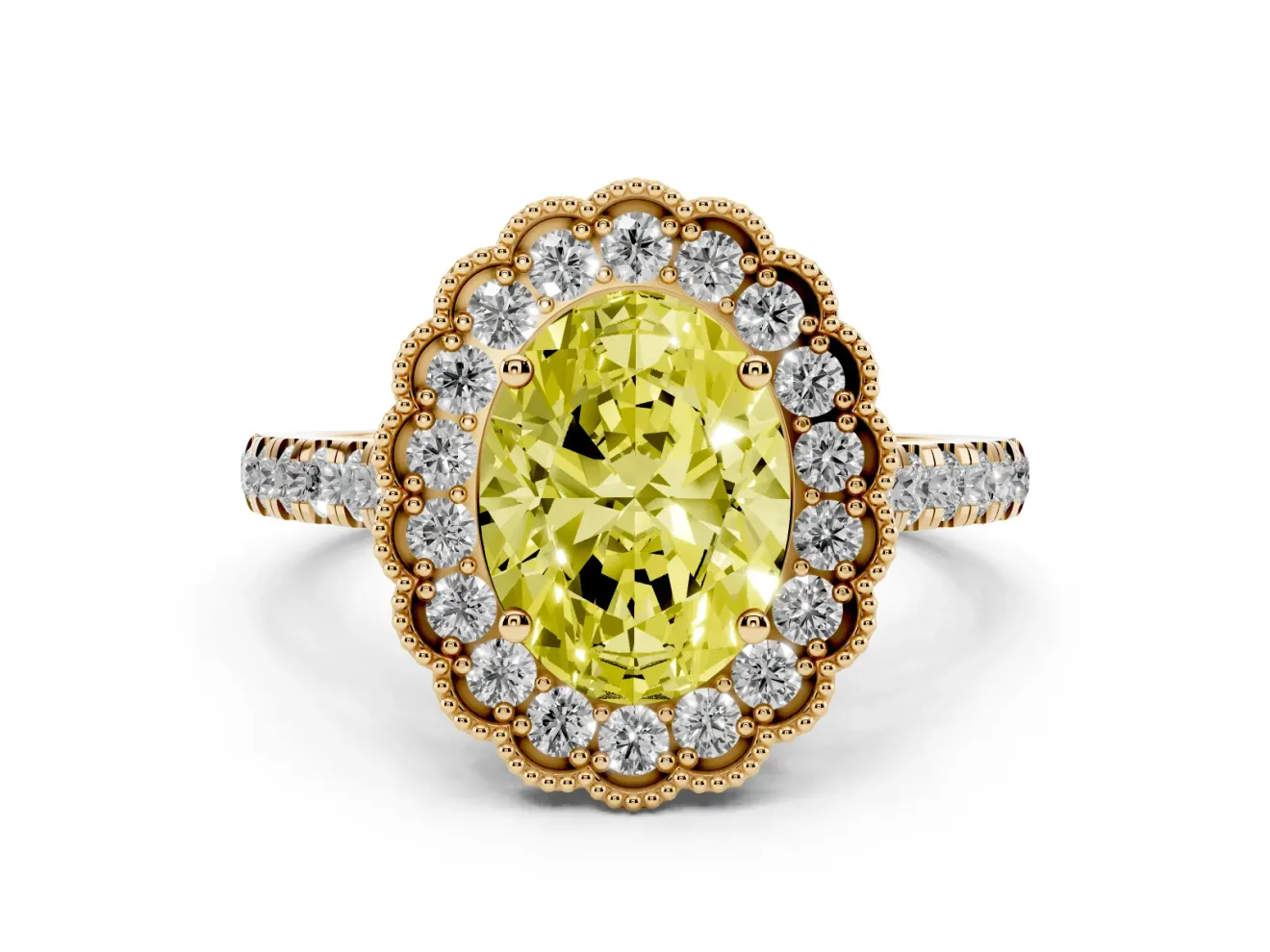 Oval Vintage Milgrain Floral Halo Engagement Ring Setting for a Fancy Yellow Lab-Grown Diamond | Pavé Band | Yellow Gold