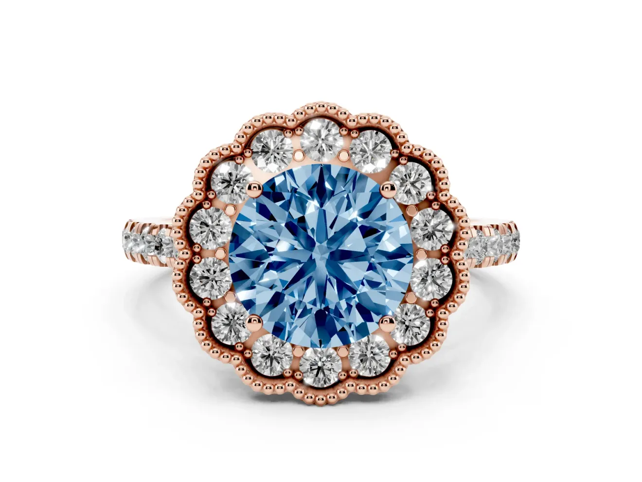 Fancy Blue Round Cut Diamond Milgrain Floral Halo Engagement Ring Set in Rose gold with Pavé Band