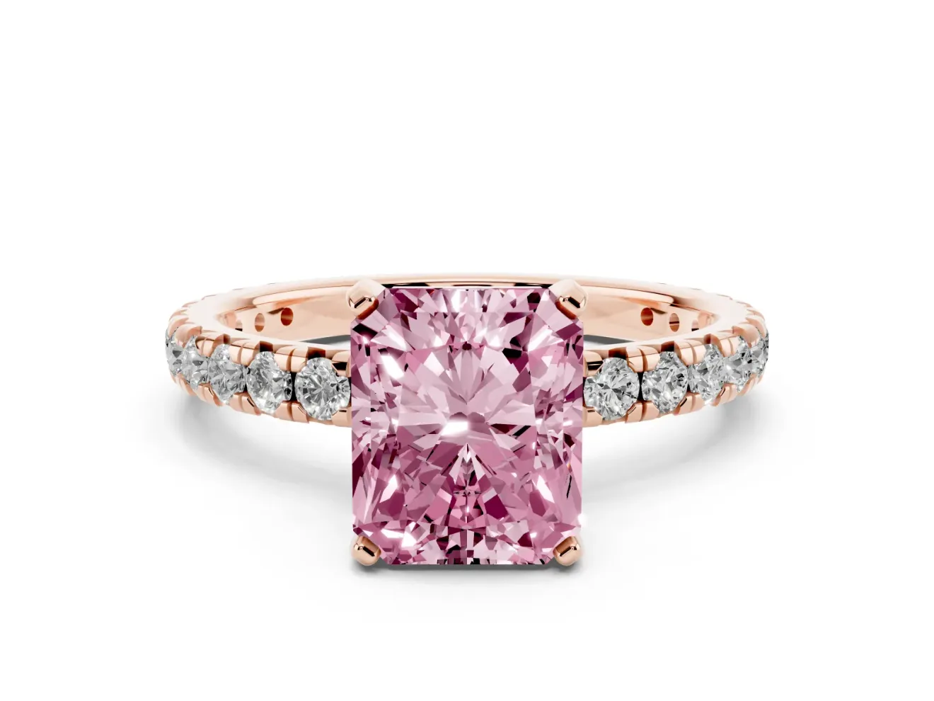 Fancy Pink Radiant Cut Diamond Pavé Solitaire Ring Set in Rose gold with Round Band and Prong Setting