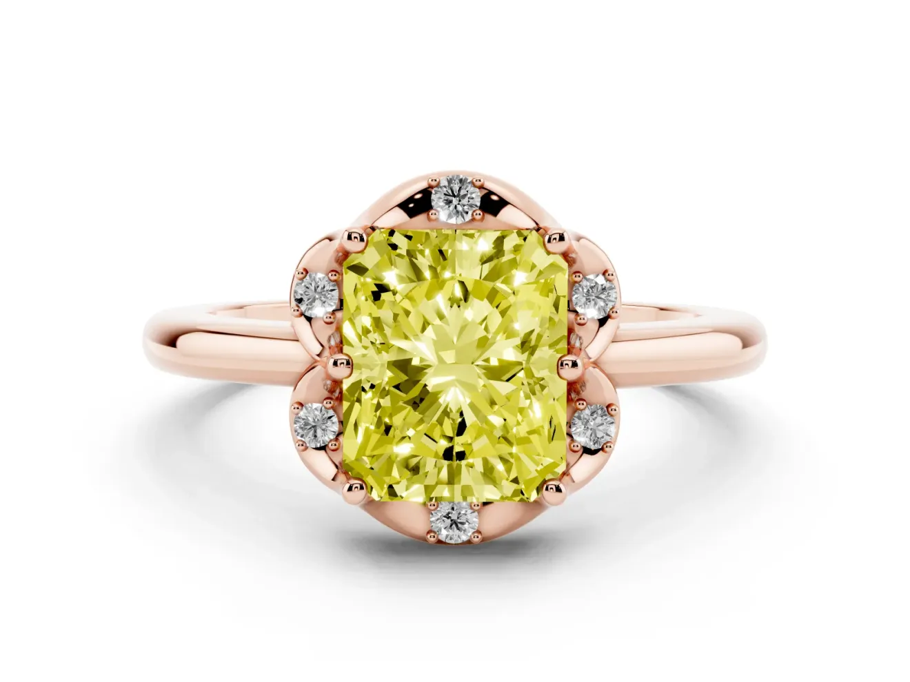 Radiant Cut Petal Halo Engagement Ring Setting for a Fancy Yellow Lab-Grown Diamond | Rose Gold