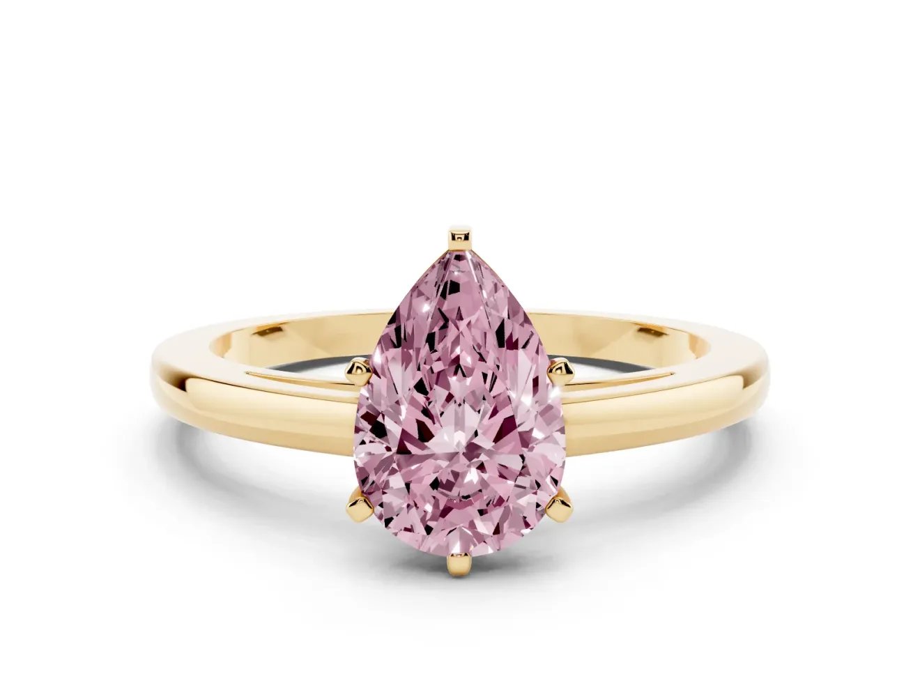 Fancy Pink Pear Cut Diamond Solitaire Engagement Ring Set in Yellow gold with Prong Setting on a Classic Band