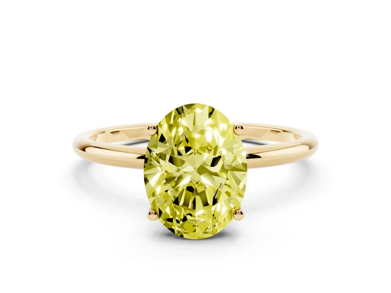 Fancy Yellow Oval Cut Diamond Solitaire Engagement Ring Set in Yellow gold with Thin Band and Prong Setting