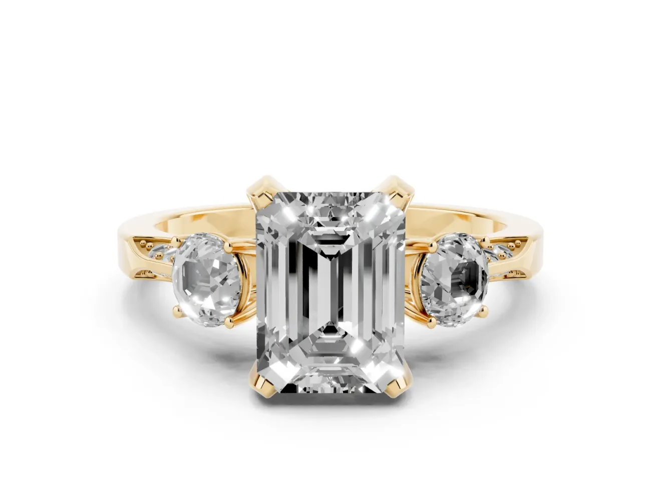 Emerald Cut Hidden Halo Three Stone Engagement Ring Setting for a Fancy Yellow Lab-Grown Diamond | Yellow Gold