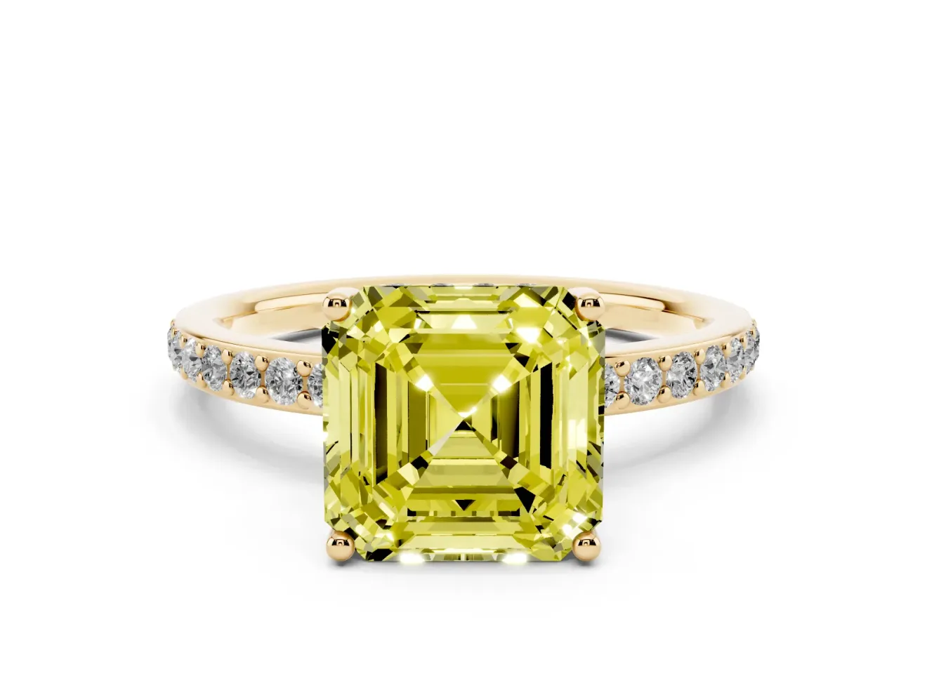 Fancy Yellow Asscher Cut Diamond Pavé Band Ring Set in Yellow gold with Prong-Set Center Stone