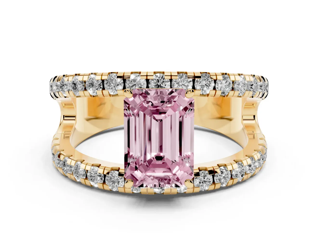 Emerald Cut Split Shank Pavé Engagement Ring Setting for a Fancy Pink Lab-Grown Diamond | Yellow Gold