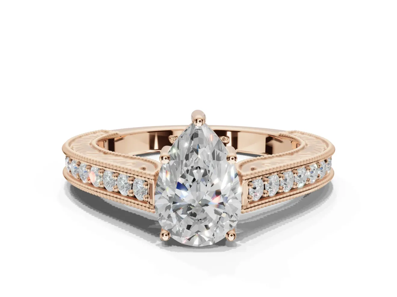 Pear-Shaped Vintage Engraved Pavé Engagement Ring Setting | Milgrain Edges | Rose Gold