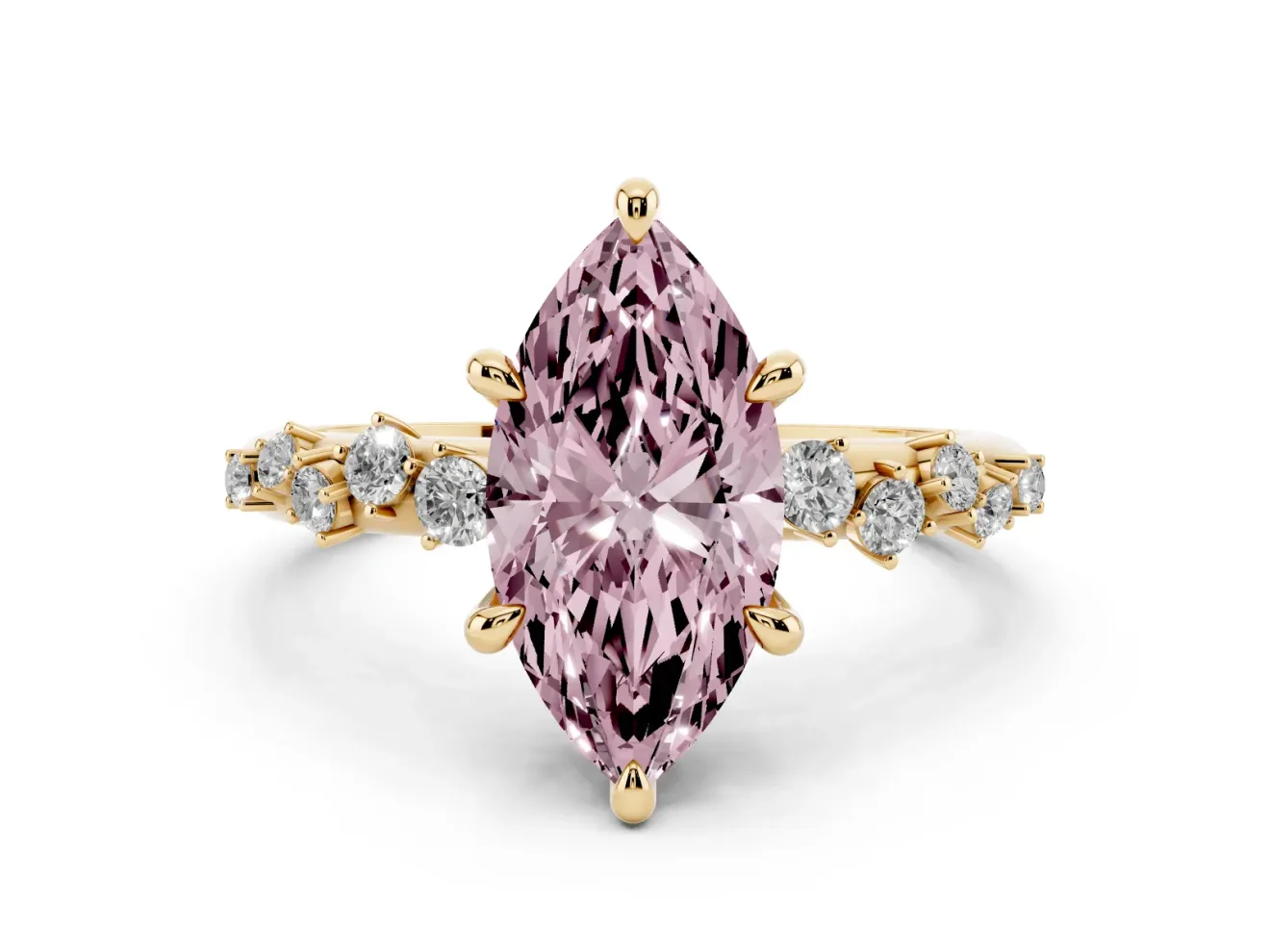 Fancy Pink Marquise Cut Diamond Solitaire Vine Band Ring Set in Yellow gold with Round Accents and Prong Setting