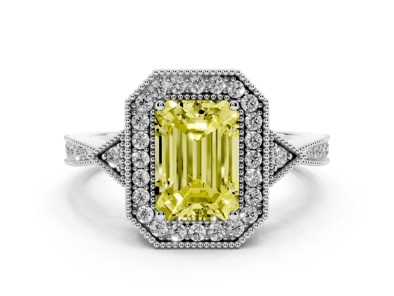 Fancy Yellow Emerald Cut Diamond Halo Engagement Ring Set in White gold with Milgrain Pavé Band