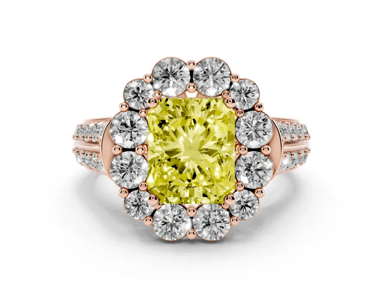 Fancy Yellow Radiant Cut Diamond Halo Engagement Ring Set in Rose gold with Split Shank and Prong Setting
