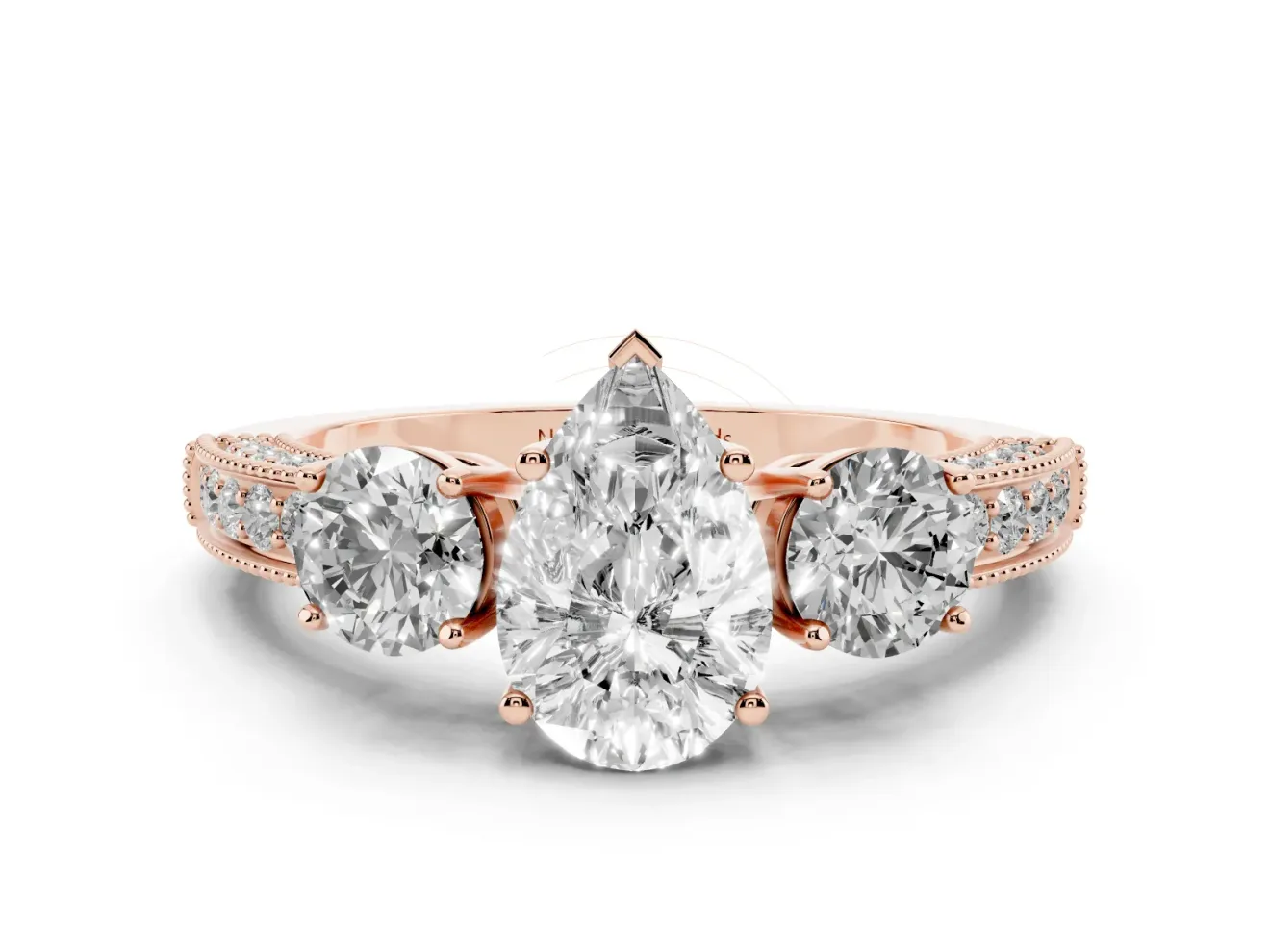 Pear-Shaped Vintage Three Stone Engagement Ring Setting | Graduated Milgrain Pave | Rose Gold