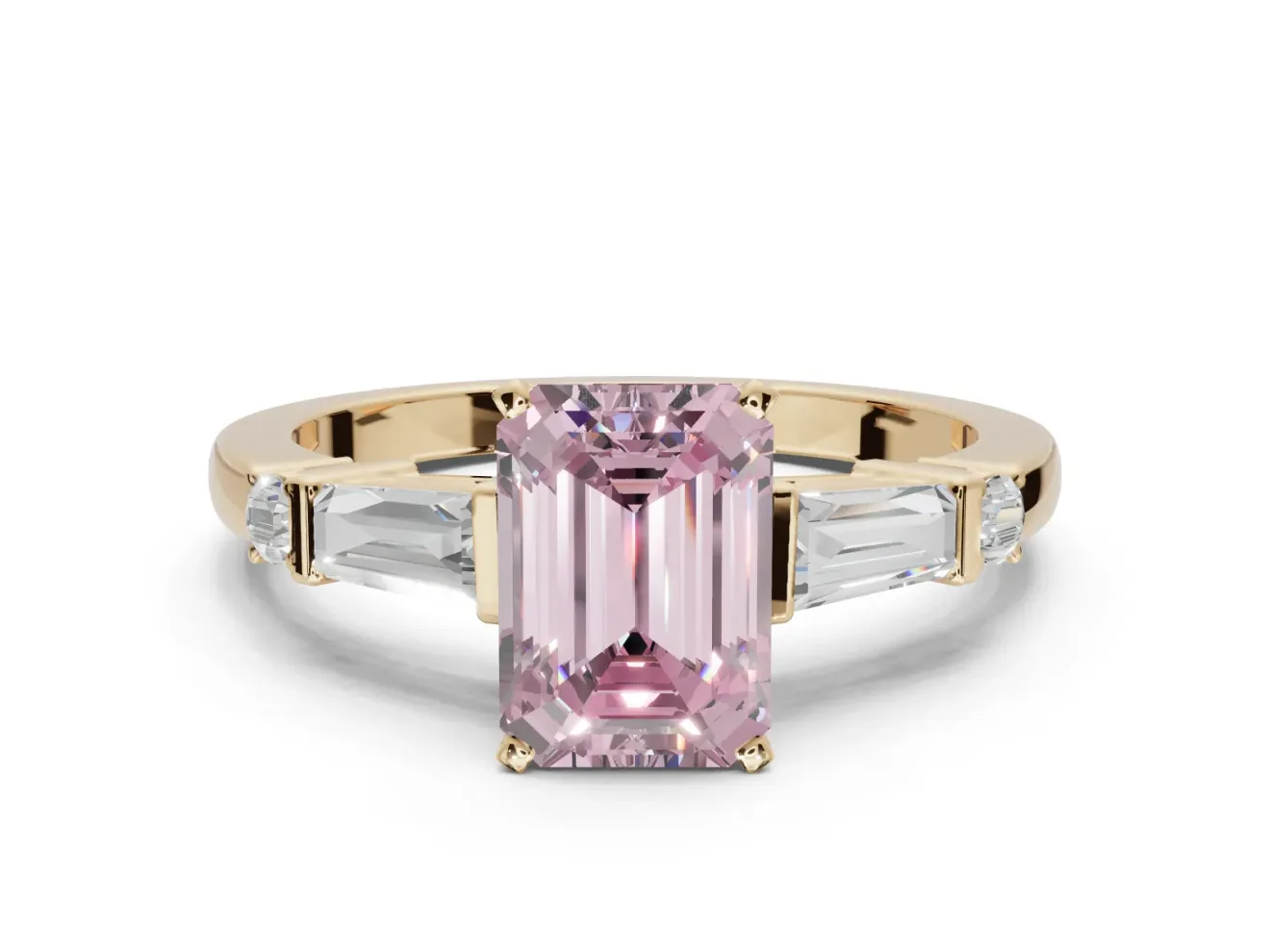 Emerald Cut Tapered Baguette Engagement Ring Setting for a Fancy Pink Lab-Grown Diamond | Bar Set Sides | Yellow Gold