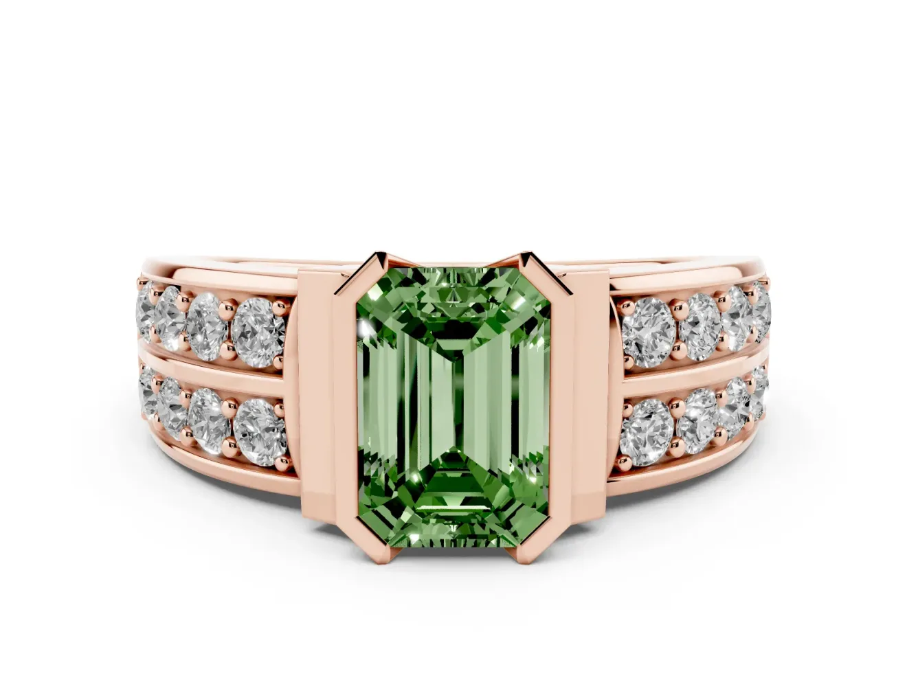 Emerald Cut Half Bezel Engagement Ring Setting for a Fancy Green Lab-Grown Diamond | Double Row Channel Band | Rose Gold