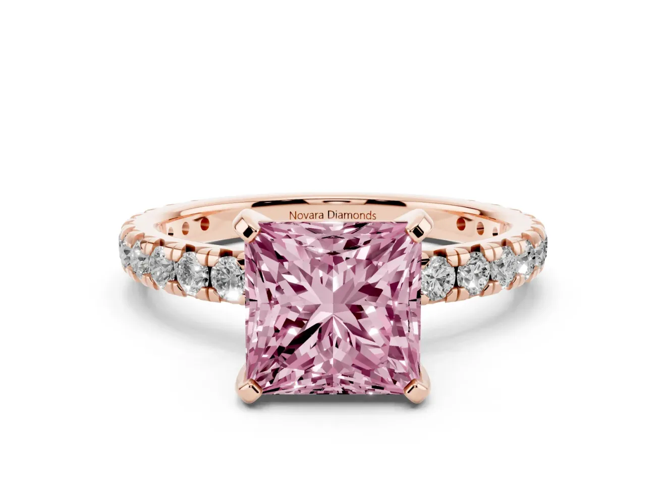Princess Cut Pavé Solitaire Engagement Ring Setting for a Fancy Pink Lab-Grown Diamond | Shared Prong Band | Rose Gold