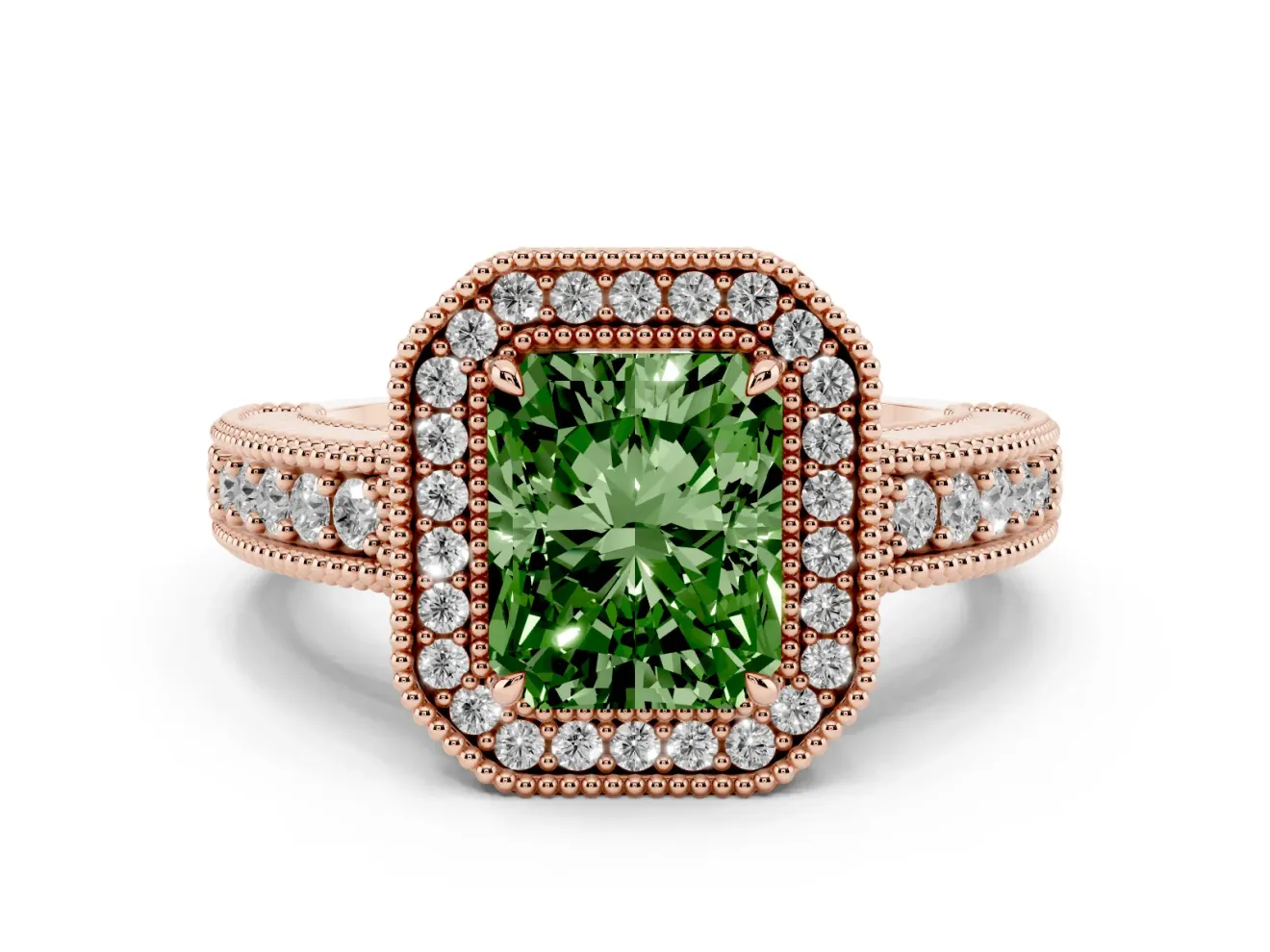 Radiant Cut Halo Engagement Ring Setting for a Fancy Green Lab-Grown Diamond | Rose Gold