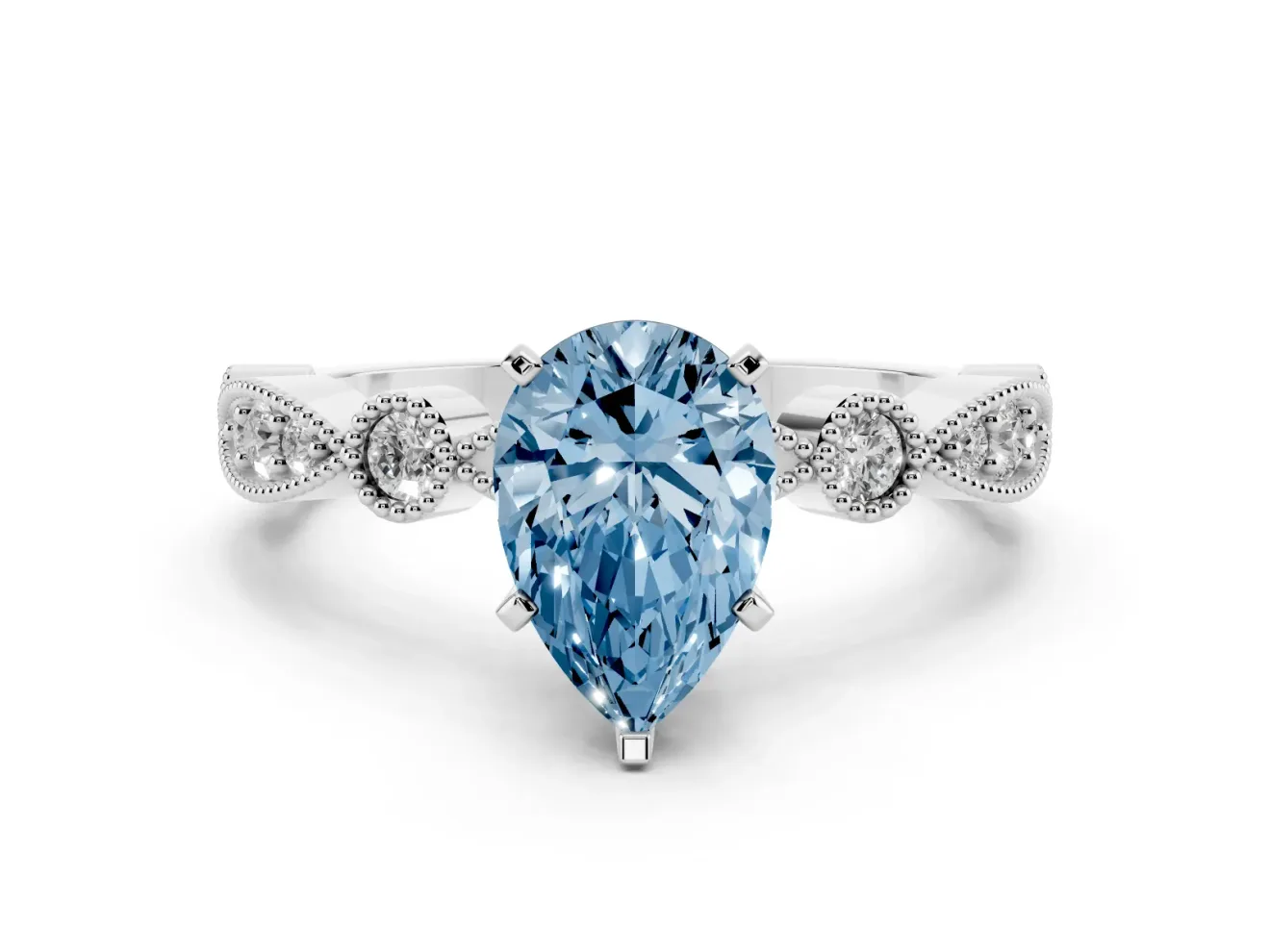 Fancy Blue Pear Cut Diamond Solitaire Engagement Ring Set in Silver with Milgrain Bezel Accent Band
