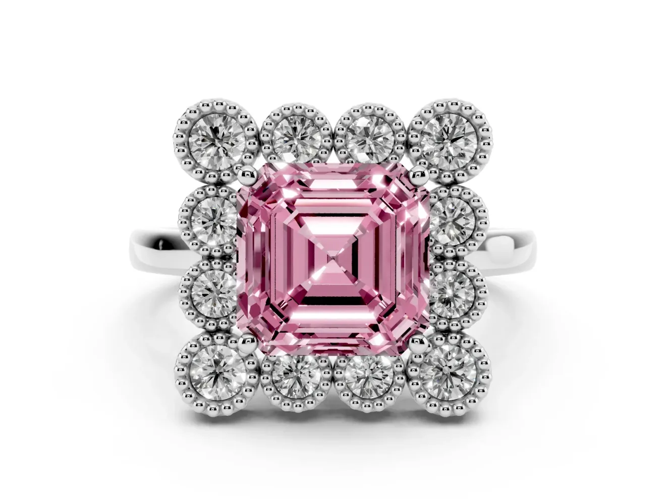 Asscher Cut Milgrain Cluster Halo Engagement Ring Setting for a Fancy Pink Lab-Grown Diamond | Plain Band | Platinum