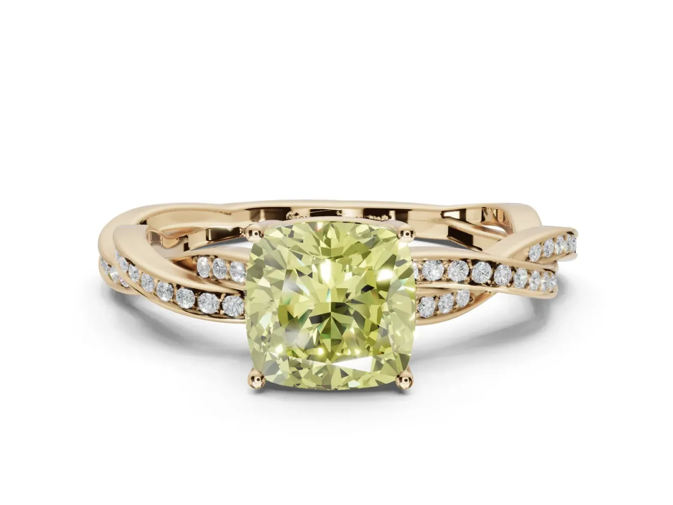 Cushion Cut Twisted Pavé Solitaire Engagement Ring Setting for a Fancy Yellow Lab-Grown Diamond | Yellow Gold
