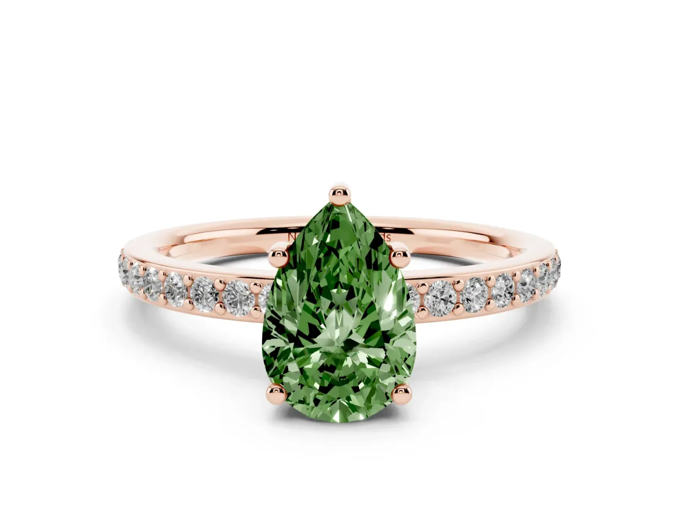 Fancy Green Pear Cut Diamond Pavé Band Ring Set in Rose gold with Prong-Set Center Stone