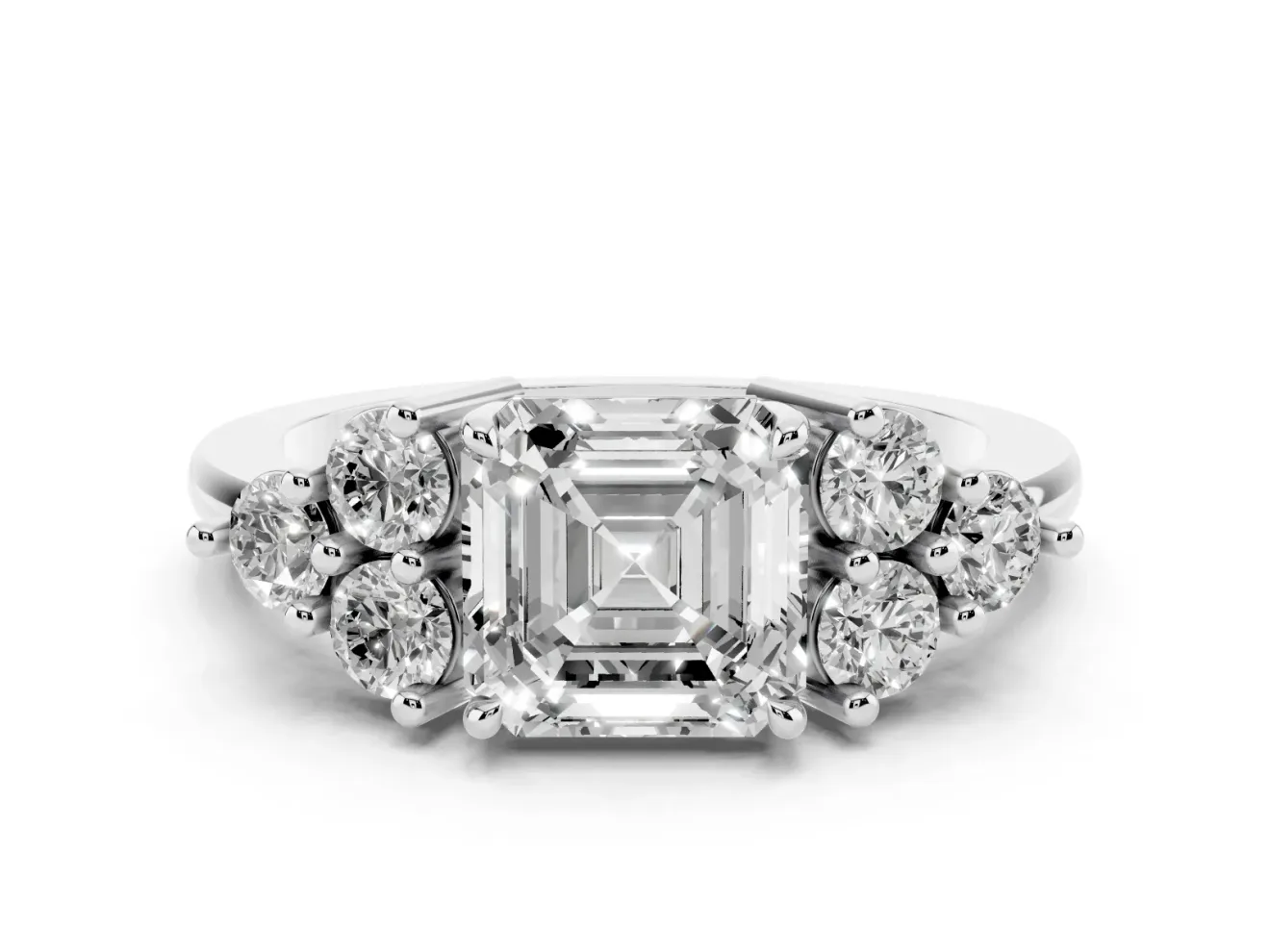 Asscher Cut Diamond Solitaire Ring Set in Silver with Cluster Accents on Each Side