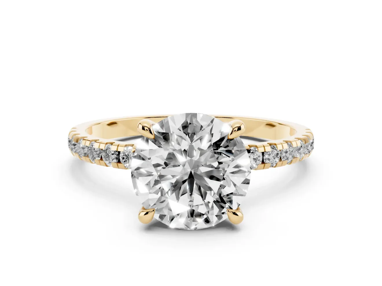 Round Cut Diamond Brilliant Solitaire Ring Set in Yellow gold with Pavé Band and Prong Setting