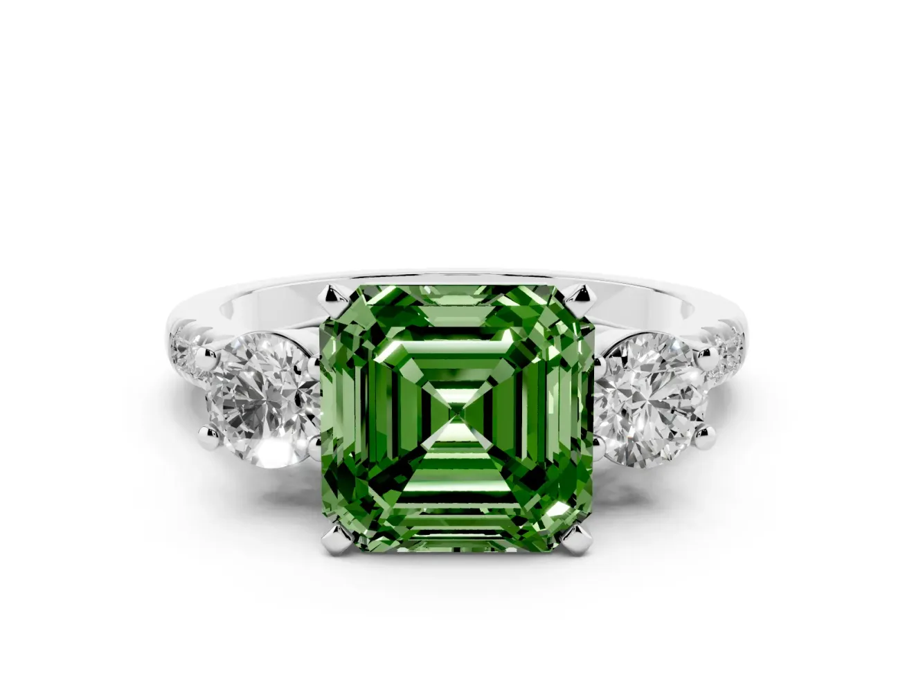 Fancy Green Three-Stone Asscher Cut Diamond Pavé Band Ring Set in Platinum with Prong-Set Trio